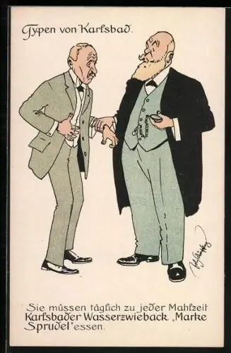 Künstler-AK Fritz Schönpflug: Karlsbad, Arzt verschreibt einem Patienten Karlsbader Wasserzwieback Marke Sprudel