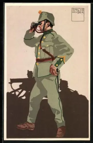 Künstler-AK Schweizer Felduniform, Neue Ordonnanz, Infanterie-Mitrailleur, Korporal
