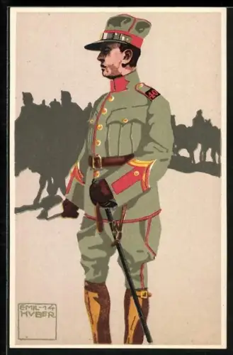 Künstler-AK sign. Emil Huber: Schweizer Soldat mit Mütze und Degen