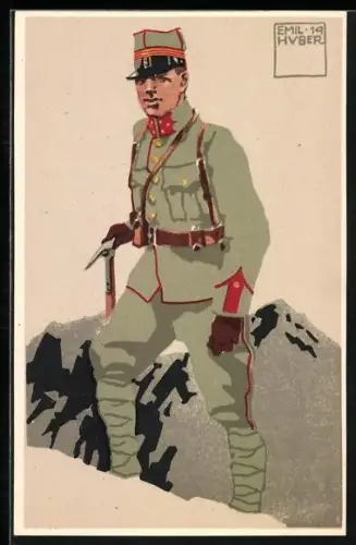 Künstler-AK sign. Emil Huber: Felduniform, Neue Ordonnanz, 3. Festungsartillerie St. Gotthard, Hauptmann