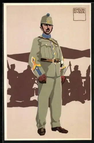 Künstler-AK sign. Emil Huber: Fourier d. schweizer 9. Sanität. in Felduniform mit Tschako