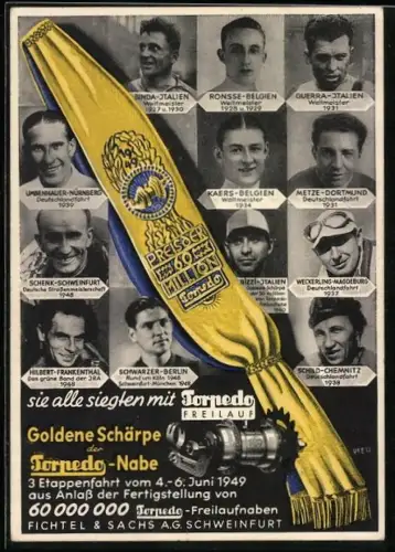 AK Schweinfurt, Radsportler Metze, Umbenhauer, Hilbert und Schild, Reklame für Torpedo-Freilauf