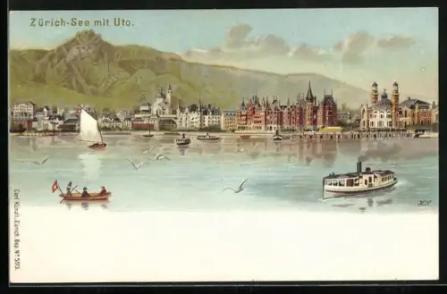Lithographie Zürich, Seepartie mit Blick zum Uto