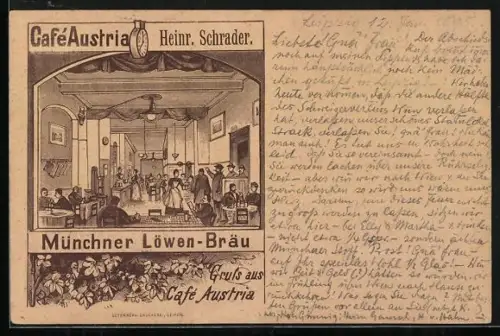 Vorläufer-Lithographie Leipzig, 1895, Café Austria, Münchner Löwen-Bräu, Bes. Heinr. Schrader