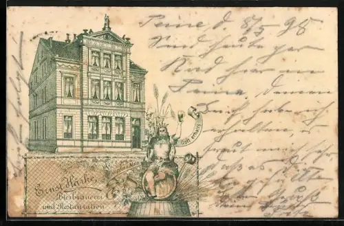 Vorläufer-Lithographie Peine, 1895, Gasthof-Brauerei Härke, Bes. Ernst Härke