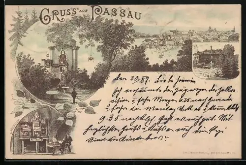 Vorläufer-Lithographie Passau, 1887, Museum, Waldhütte und Aussichtsturm