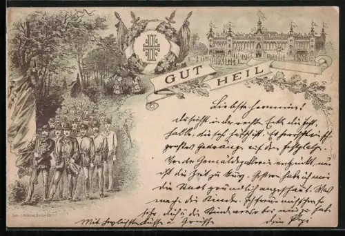 Vorläufer-Lithographie Dresden, Turnfest 1885, Turner mit Fahne, Festhalle