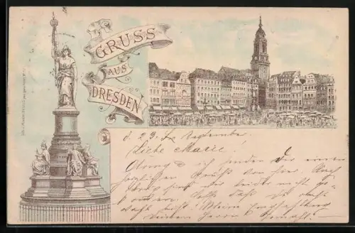 Vorläufer-Lithographie Dresden, 1889, Denkmal und Altmarkt