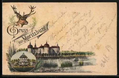 Vorläufer-Lithographie Moritzburg / Sachsen, 1889, Schloss mit Uferpartie, Fasanenschlösschen