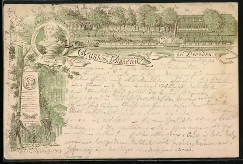 Vorläufer-Lithographie Blasewitz bei Dresden, 1888, Der historische Schillergarten, Dampfer König Albert