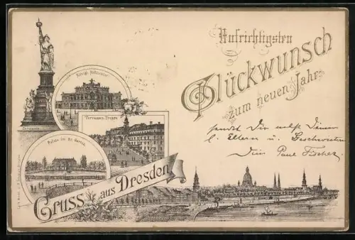 Vorläufer-Lithographie Dresden, 1888, Königl. Hoftheater, Palais im gr. Garten, Terrassen-Treppe