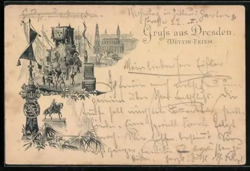Vorläufer-Lithographie Dresden, 1889, Festpostkarte zur Wettin-Feier, Festzug und Denkmal