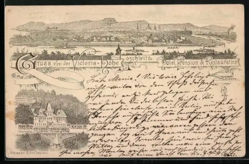 Vorläufer-Lithographie Dresden-Loschwitz, 1888, Gasthaus Victoria-Höhe mit Panorama