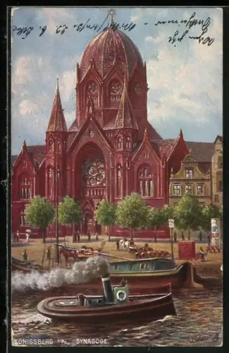 Künstler-AK Königsberg i. Pr., Dampfer an der neuen Synagoge