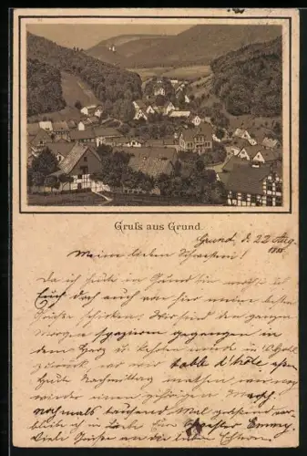 Vorläufer-Lithographie Grund / Harz, 1888, Ortsansicht aus der Vogelschau