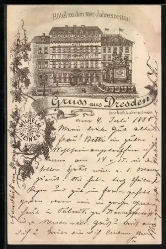 Vorläufer-Lithographie Dresden-Neustadt, 1888, Hotel zu den vier Jahreszeiten, Neustädter Markt 8
