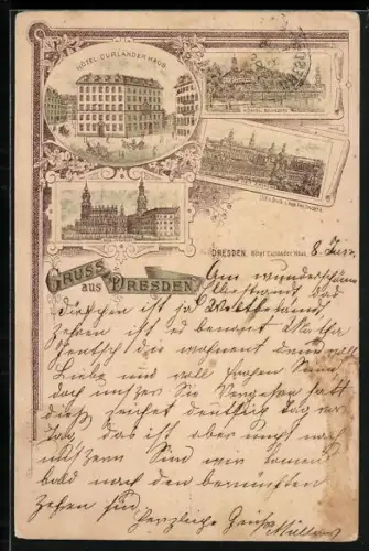 Vorläufer-Lithographie Dresden, 1889, Hotel Curländer Haus, Dippoldiswaldaer Platz 2, Königl. Belvedere und Zwinger