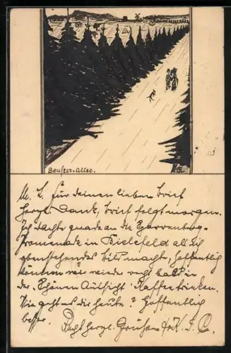 Künstler-AK Handgemalt: Bünde, Seufzer-Allee mit spazierendem Paar