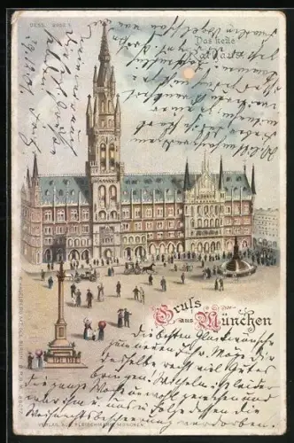 Lithographie München, Ds neue Rathaus, Halt gegen das Licht