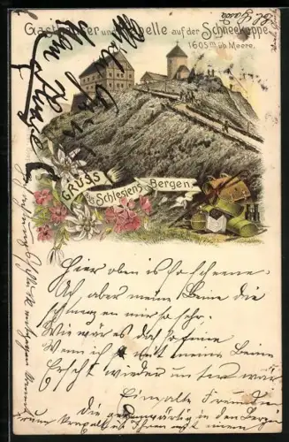 Vorläufer-Lithographie Schneekoppe /Schlesien, 1895, Gasthäuser und Kapelle auf dem Gipfel