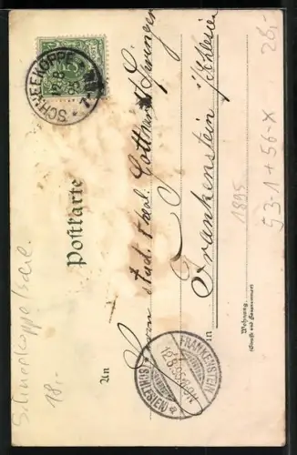 Vorläufer-Lithographie Schneekoppe /Schlesien, 1895, Gasthäuser und Kapelle auf dem Gipfel