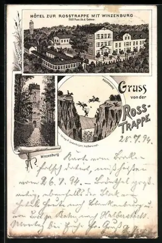 Vorläufer-Lithographie Winzenburg, 1894, Hotel zur Rosstrappe mit Winzenburg