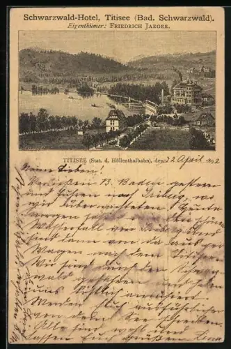 Vorläufer-Lithographie Titisee /Bad. Schwarzwald, 1892, Schwarzwald-Hotel, Eigentümer Friedrich Jaeger