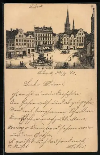 Vorläufer-Lithographie Lübeck, 1892, Strassenpartie am Klingenberg mit Brunnen und Passanten