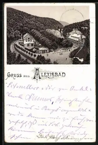 Vorläufer-Lithographie Alexisbad, 1895, Kurhotel mit Ortspartie