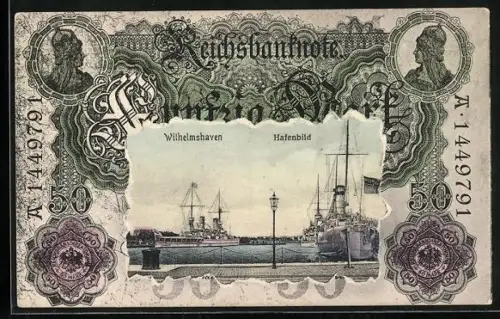 AK Wilhelmshaven, Hafenbild im Reichsbanknoten-Passepartout