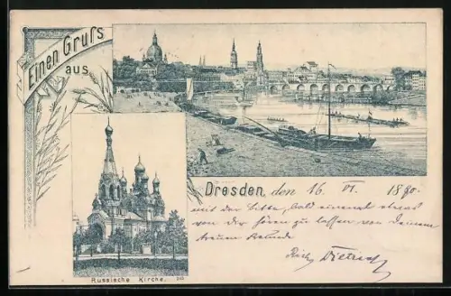 Vorläufer-Lithographie Dresden, 1890, Russische Kirche und Flusspartie mit Booten