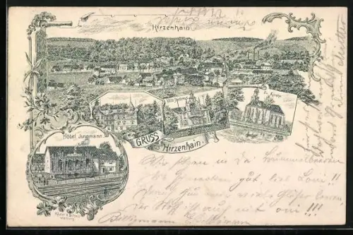 Vorläufer-Lithographie Hirzenhain / Oberhessen, 1893, Hotel Jungmann, Villa Budenus, Ev. Kirche & Ortsansicht