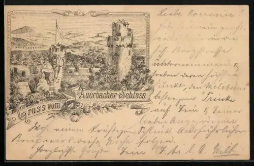 Vorläufer-Lithographie Auerbach / Hessen, 1891, Blick auf das Schloss