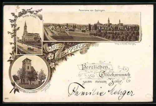 Vorläufer-Lithographie Eppingen, 1892, Ottilienhöhe, Evangelische Kirche und Panorama