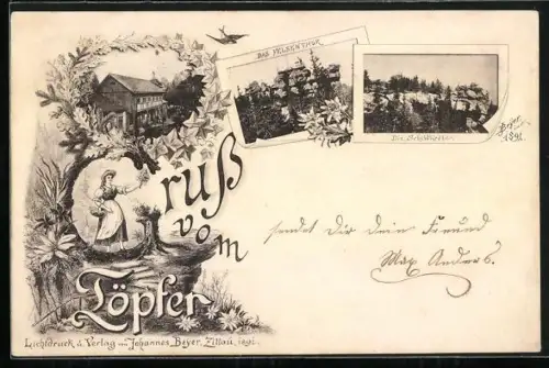 Vorläufer-AK Oybin, 1894, Gasthof Töpfer mit Felsenthor und Schildkröte