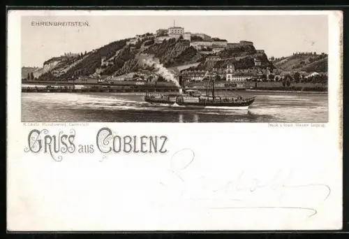 Vorläufer-Lithographie Coblenz, 1893, Festung Ehrenbreitstein mit Dampfer