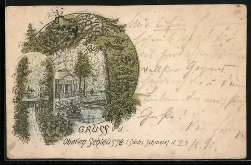 Vorläufer-Lithographie Hinterhermsdorf, 1891, Obere Schleuse mit Booten