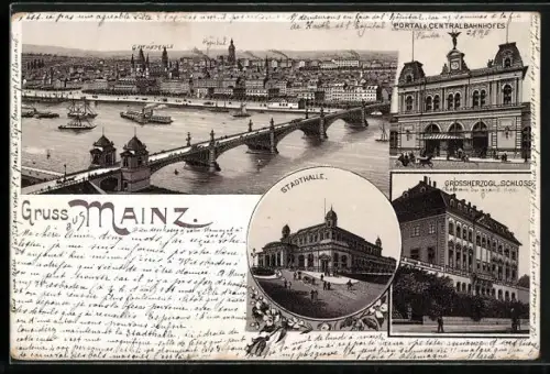 Vorläufer-Lithographie Mainz, 1895, Stadthalle, Grossherzogl. Schloss, Portal & Centralbahnhof, Totalansicht