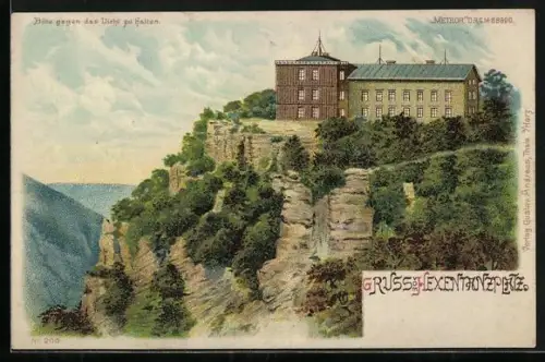Lithographie Thale, Blick auf das Hotel Hexentanzplatz, Halt gegen das Licht