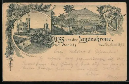 Vorläufer-Lithographie Görlitz, 1892, Landeskrone, Gasthof und Panorama, Wappen
