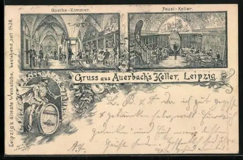 Vorläufer-Lithographie Leipzig, 1892, Restaurant Auerbach`s Keller, Goethe-Zimmer und Faust-Keller