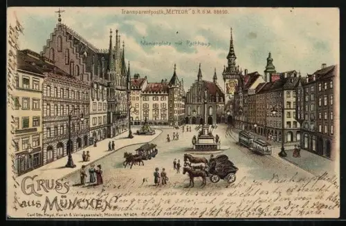 Lithographie München, Marienplatz mit Rathaus Halt gegen das Licht