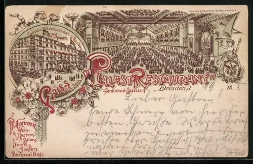Vorläufer-Lithographie Dresden, 1895, Palast-Restaurant, Bes. C. Thamm, Ferdinand-Strasse 4
