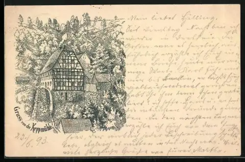 Vorläufer-Lithographie Dresden-Pillnitz, 1893, Blick auf die Keppmühle