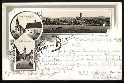 Vorläufer-Lithographie Buttstädt, 1895, Kirche und Marktplatz, Kirche von Süden