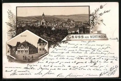 Vorläufer-Lithographie Nürtingen, 1894, Seminar und Ortspanorama