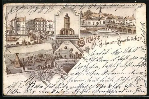 Vorläufer-Lithographie St. Johann-Saarbrücken, 1895, Neue Brücke, Alte Brücke, Ehrenthal, Spicherer Berg