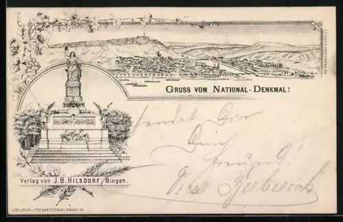 Vorläufer-Lithographie Bingen / Rhein, 1895, National-Denkmal und Panorama