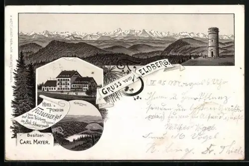 Vorläufer-Lithographie Feldberg /Schwarzwald, 1895, Hotel-Pension Feldberger Hof, Bes. C. Mayer, Feldbergsee