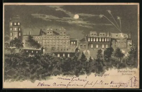 Lithographie Heidelberg, Ansicht vom Schloss, Halt gegen das Licht